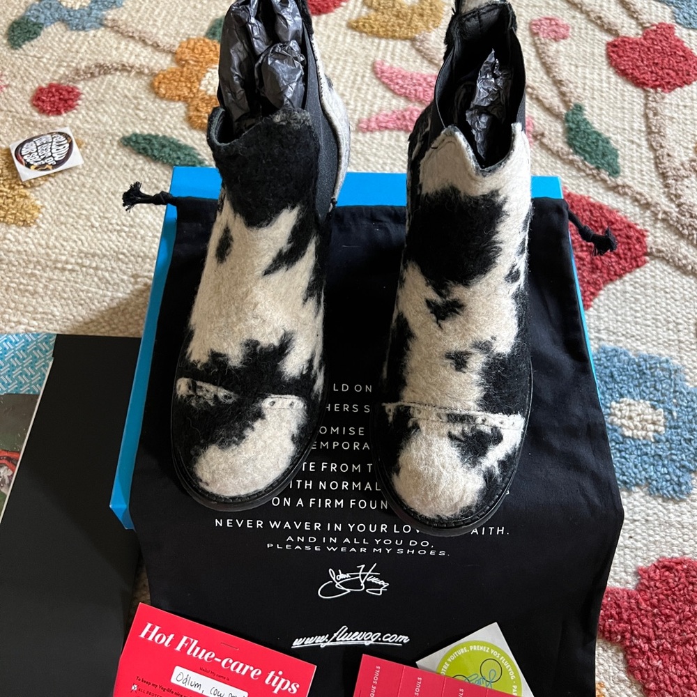 Fluevog x Anna Sui Cow Print Boots